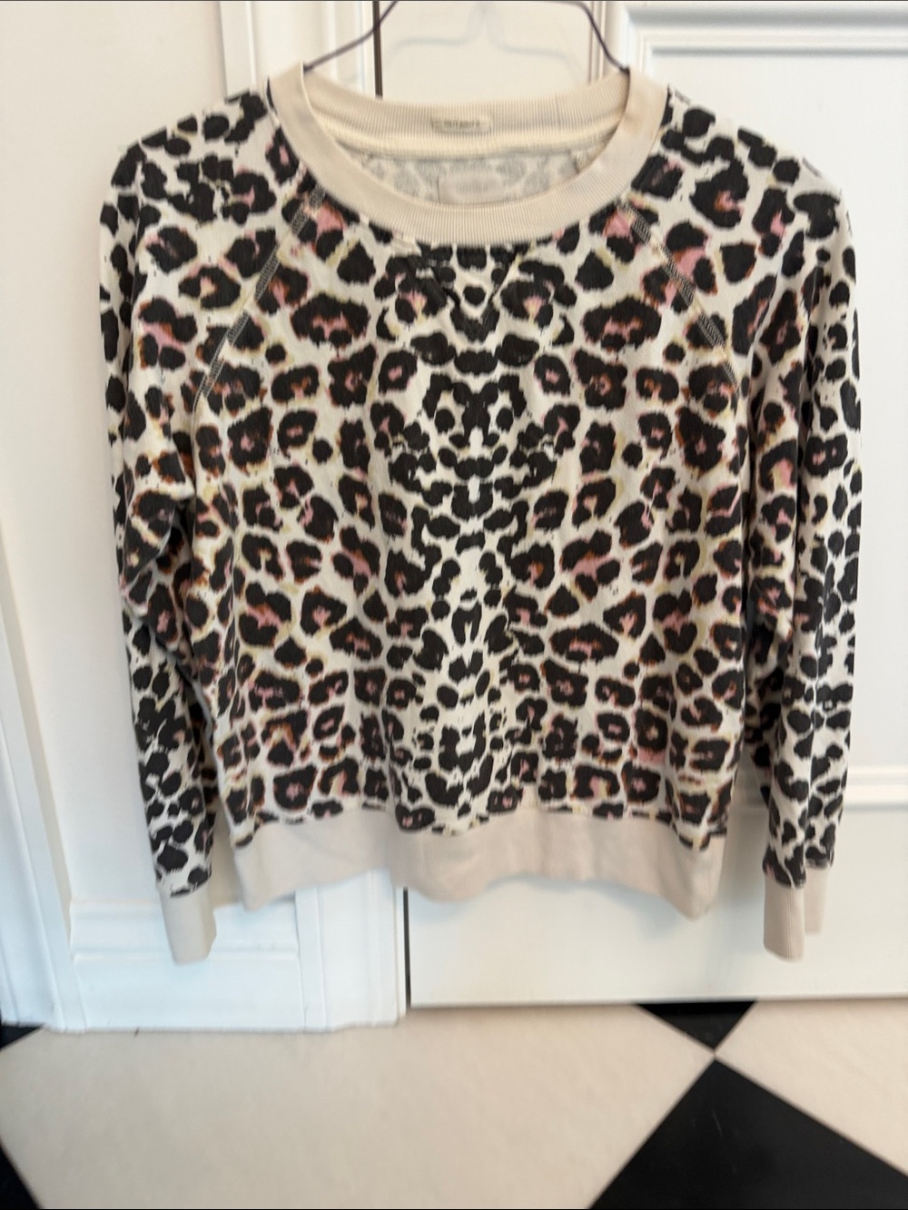 MOTHER Leopard-Print Crewneck Sweater in Cream, Black & Blush Pink